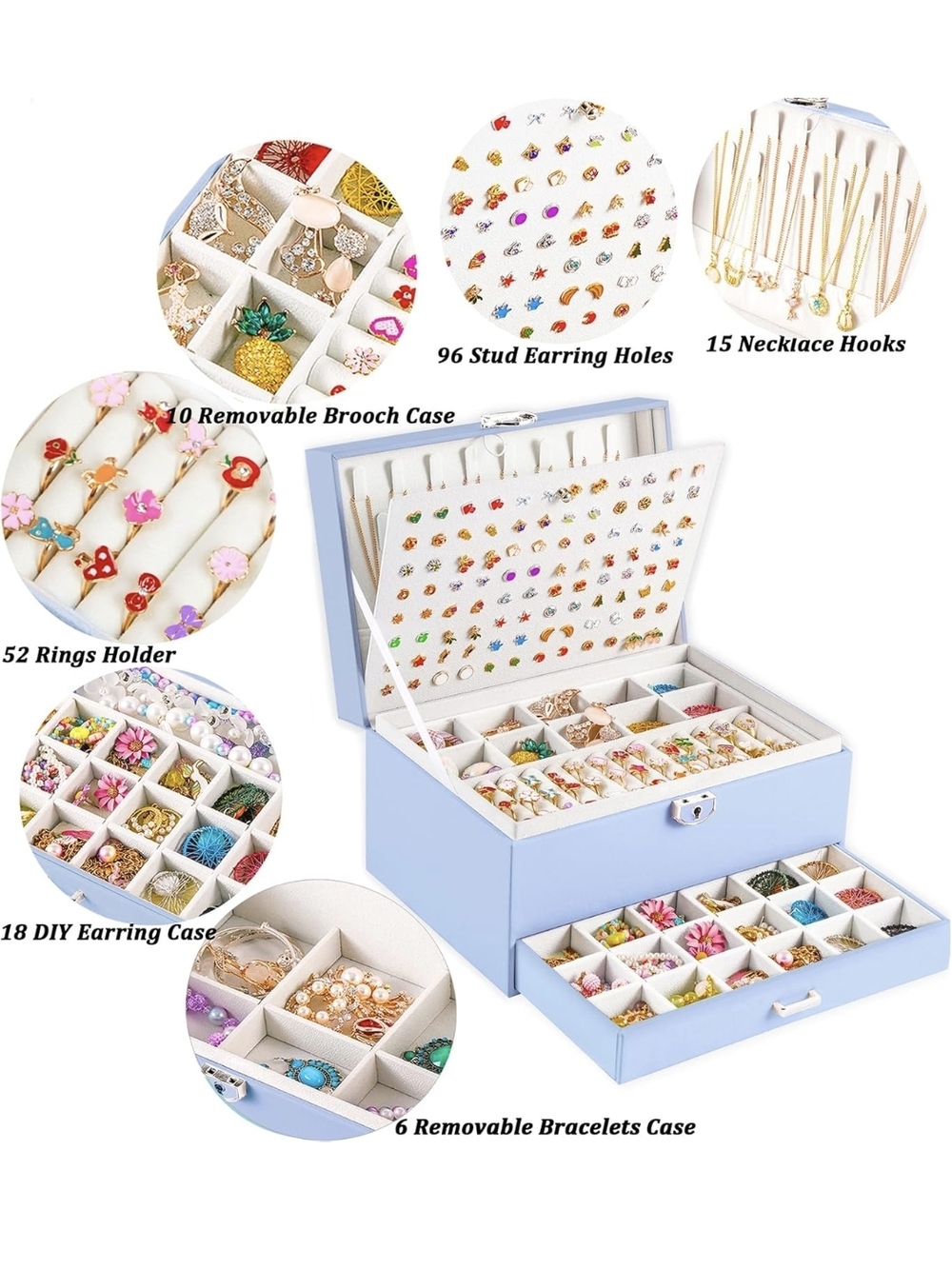Blue Jewelry Organizer Box with Multiple Trays New - Picture 4 of 7